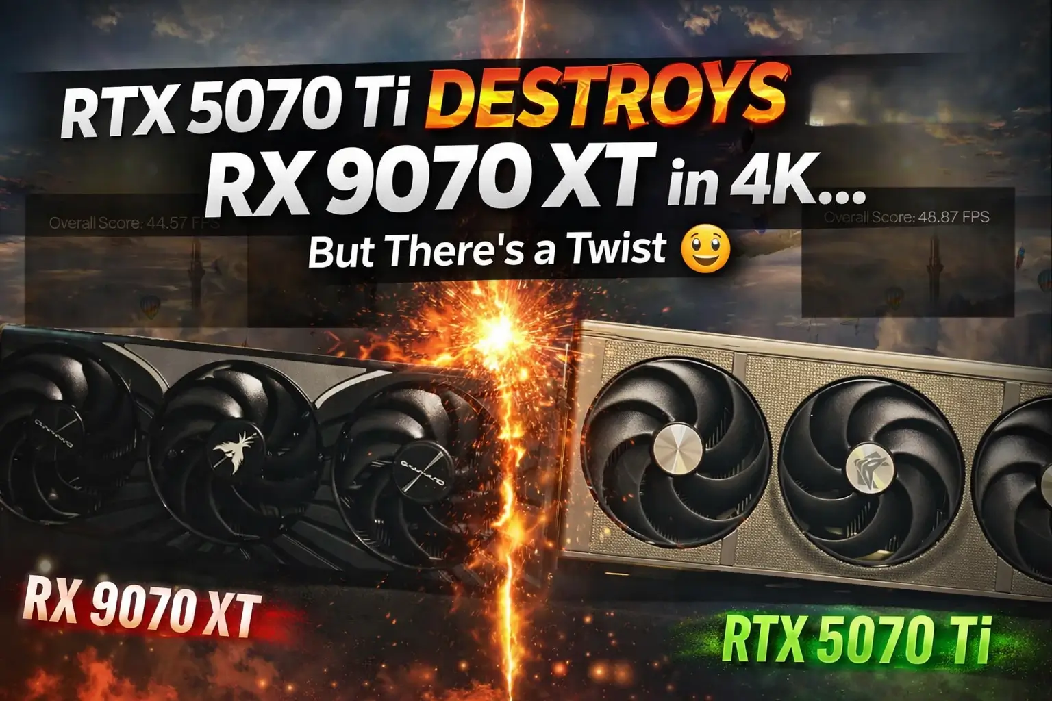 RTX 5070 Ti vs RX 9070 XT 4K benchmark comparison showing NVIDIA GPU outperforming AMD in gaming performance and ray tracing
