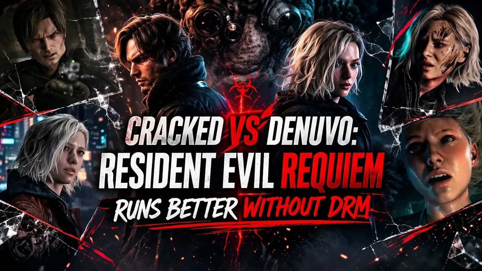 Resident Evil Requiem performance comparison showing cracked version without Denuvo running faster and using less VRAM